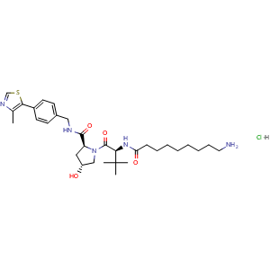 Chemical structure of (2S,4R)-1-((S)-2-(9-aminononanamido)-3,3-dimethylbutanoyl)-4-hydroxy-N-(4-(4-methylthiazol-5-yl)benzyl)pyrrolidine-2-carboxamide hydrochloride , CAS 2376139-49-8, AChemBlock W166669