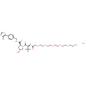 Chemical structure of (2S,4R)-1-((S)-20-amino-2-(tert-butyl)-4-oxo-6,9,12,15,18-pentaoxa-3-azaicosanoyl)-4-hydroxy-N-(4-(4-methylthiazol-5-yl)benzyl)pyrrolidine-2-carboxamide hydrochloride , CAS 2377275-23-3, AChemBlock W166671