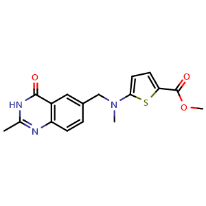 Chemical structure of methyl 5-(methyl((2-methyl-4-oxo-3,4-dihydroquinazolin-6-yl)methyl)amino)thiophene-2-carboxylate , CAS 859855-64-4, AChemBlock W166682
