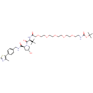 Chemical structure of tert-butyl ((S)-19-((2S,4R)-4-hydroxy-2-((4-(4-methylthiazol-5-yl)benzyl)carbamoyl)pyrrolidine-1-carbonyl)-20,20-dimethyl-17-oxo-3,6,9,12,15-pentaoxa-18-azahenicosyl)carbamate , CAS 2377275-20-0, AChemBlock W166689