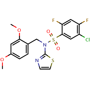 Chemical structure of 5-chloro-N-(2,4-dimethoxybenzyl)-2,4-difluoro-N-(thiazol-2-yl)benzenesulfonamide , CAS 1629041-92-4, AChemBlock W166718