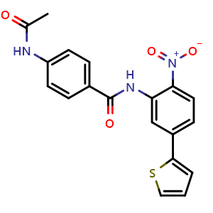 Chemical structure of 4-acetamido-N-(2-nitro-5-(thiophen-2-yl)phenyl)benzamide , CAS 2749585-92-8, AChemBlock W166723