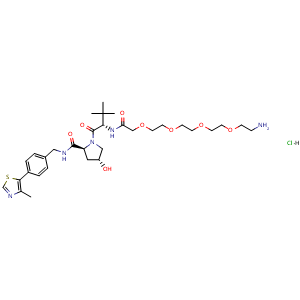 Chemical structure of (2S,4R)-1-((S)-17-amino-2-(tert-butyl)-4-oxo-6,9,12,15-tetraoxa-3-azaheptadecanoyl)-4-hydroxy-N-(4-(4-methylthiazol-5-yl)benzyl)pyrrolidine-2-carboxamide hydrochloride , CAS 2064292-52-8, AChemBlock W166725
