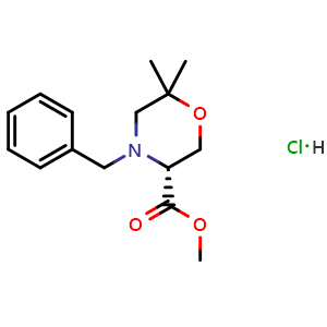 Chemical structure of (R)-methyl 4-benzyl-6,6-dimethylmorpholine-3-carboxylate hydrochloride , CAS 2891581-38-5, AChemBlock W166803