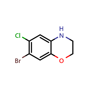 Chemical structure of 7-Bromo-6-chloro-3,4-dihydro-2H-benzo[1,4]oxazine , CAS 105679-33-2, AChemBlock W166932