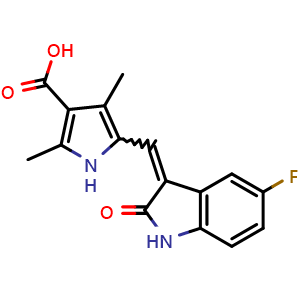 Chemical structure of 5-(5-Fluoro-2-oxo-1,2-dihydro-indol-3-ylidenemethyl)-2,4-dimethyl-1H-pyrrole-3-carboxylic Acid , CAS 452105-33-8, AChemBlock W166999