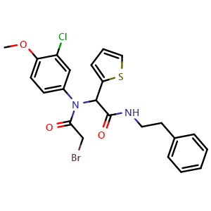 Chemical structure of 2-bromo-N-(3-chloro-4-methoxyphenyl)-N-(2-oxo-2-(phenethylamino)-1-(thiophen-2-yl)ethyl)acetamide , CAS 2417552-84-0, AChemBlock W167005
