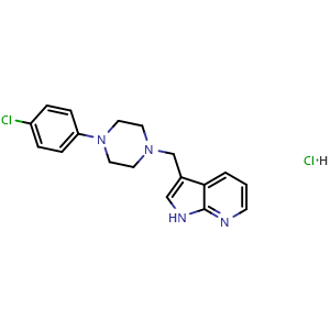 Chemical structure of 3-[[4-(4-Chlorophenyl)piperazin-1-yl]methyl]-1H-pyrrolo[2,3-b]pyridine hydrochloride , CAS 1173023-36-3, AChemBlock W167006