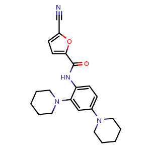 Chemical structure of 5-cyano-furan-2-carboxylic acid (2,4-di-piperidin-1-yl-phenyl)-amide , CAS 885704-58-5, AChemBlock W167022
