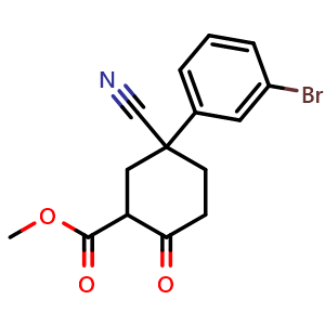 Chemical structure of Methyl 5-(3-bromophenyl)-5-cyano-2-oxocyclohexanecarboxylate , CAS 2891599-65-6, AChemBlock W167234