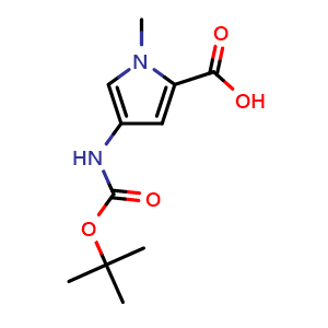 Chemical structure of 4-((tert-Butoxycarbonyl)amino)-1-methyl-1H-pyrrole-2-carboxylic acid , CAS 77716-11-1, AChemBlock W168016