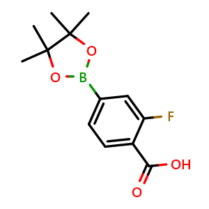 Chemical structure of 2-Fluoro-4-(4,4,5,5-tetramethyl-1,3,2-dioxaborolan-2-yl)benzoic acid , CAS 867256-77-7, AChemBlock W168054