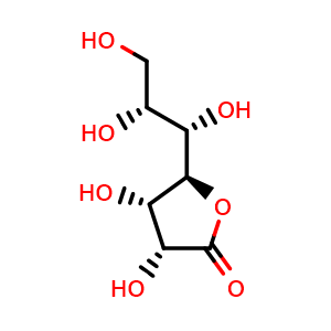 Chemical structure of (3R,4S,5R)-3,4-Dihydroxy-5-((1S,2R)-1,2,3-trihydroxypropyl)dihydrofuran-2(3H)-one , CAS 221129-03-9, AChemBlock W168074
