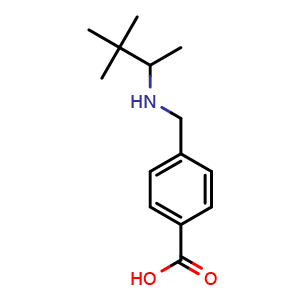 Chemical structure of 4-(((3,3-Dimethylbutan-2-yl)amino)methyl)benzoic acid , CAS 1569537-18-3, AChemBlock W168124