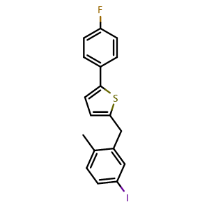 Chemical structure of 2-(4-Fluorophenyl)-5-[(5-iodo-2-methylphenyl) methyl]thiophene , CAS 898566-17-1, AChemBlock W168127