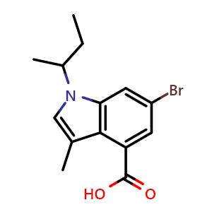 Chemical structure of 6-Bromo-1-(sec-butyl)-3-methyl-1H-indole-4-carboxylic acid , CAS 1346575-54-9, AChemBlock W168156