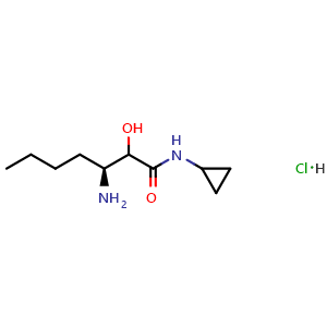 Chemical structure of (3S)-3-Amino-N-cyclopropyl-2-hydroxyheptanamidehydrochloride(1:1) , CAS 1137141-25-3, AChemBlock W168168