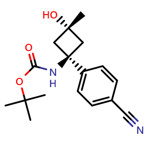 Chemical structure of rel-tert-Butyl (1r,3r)-1-(4-cyanophenyl)-3-hydroxy-3-methylcyclobutylcarbamate , CAS 1247897-76-2, AChemBlock W168175