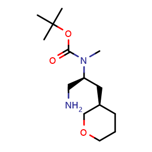 Chemical structure of tert-Butyl ((S)-1-amino-3-((R)-tetrahydro-2H-pyran-3-yl)propan-2-yl)(methyl)carbamate , CAS 942145-27-9, AChemBlock W168181