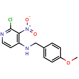 Chemical structure of 2-Chloro-N-(4-methoxybenzyl)-3-nitropyridin-4-amine , CAS 881844-09-3, AChemBlock W168193