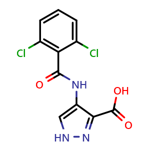 Chemical structure of 4-(2,6-Dichlorobenzamido)-1H-pyrazole-3-carboxylic acid , CAS 825619-04-3, AChemBlock W168244