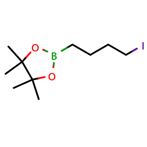 Chemical structure of 2-(4-Iodobutyl)-4,4,5,5-tetramethyl-1,3,2-dioxaborolane , CAS 1236275-93-6, AChemBlock W168253