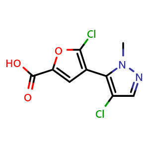 Chemical structure of 5-Chloro-4-(4-chloro-1-methyl-1H-pyrazol-5-yl)furan-2-carboxylic acid , CAS 1047629-15-1, AChemBlock W168254