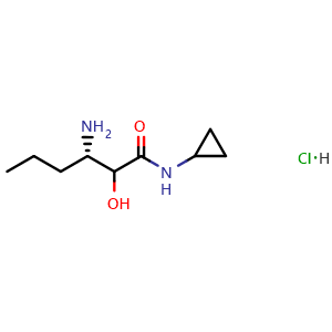 Chemical structure of (3S)-3-Amino-N-cyclopropyl-2-hydroxyhexanamide hydrochloride , CAS 850252-34-5, AChemBlock W168262