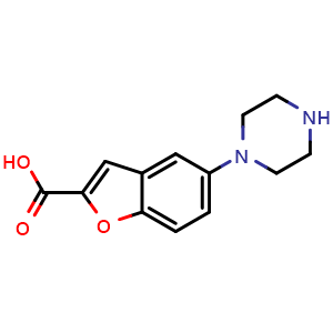 Chemical structure of 5-(Piperazin-1-yl)benzofuran-2-carboxylic acid , CAS 183288-47-3, AChemBlock W168263
