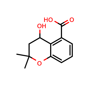 Chemical structure of 3,4-Dihydro-4-hydroxy-2,2-dimethyl-2H-1-benzopyran-5-carboxylic acid , CAS 158227-26-0, AChemBlock W168287