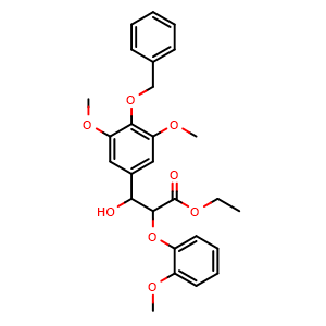 Chemical structure of Ethyl 3-(4-(benzyloxy)-3,5-dimethoxyphenyl)-3-hydroxy-2-(2-methoxyphenoxy)propanoate , CAS 151541-15-0, AChemBlock W168339
