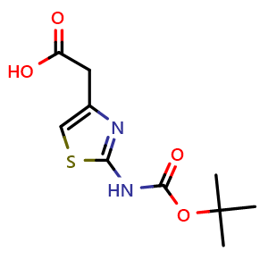Chemical structure of 2-(2-{[(tert-butoxy)carbonyl]amino}-1,3-thiazol-4-yl)acetic acid , CAS 89336-46-9, AChemBlock W168346