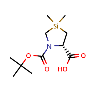 Chemical structure of (5S)-1-[(tert-butoxy)carbonyl]-3,3-dimethyl-1,3-azasilolidine-5-carboxylic acid , CAS 1334313-67-5, AChemBlock W168379