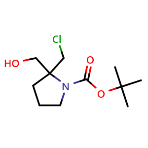 Chemical structure of tert-Butyl 2-(chloromethyl)-2-(hydroxymethyl)pyrrolidine-1-carboxylate , CAS 1415564-60-1, AChemBlock W168435