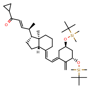 Chemical structure of (R,E)-4-((1R,3aS,7aR,E)-4-((E)-2-((3S,5R)-3,5-bis(tert-butyldimethylsilyloxy)-2-methylenecyclohexylidene)ethylidene)-7a-methyloctahydro-1H-inden-1-yl)-1-cyclopropylpent-2-en-1-one , CAS 112849-17-9, AChemBlock W168445