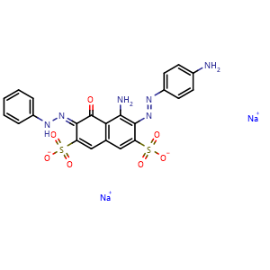 Chemical structure of Sodium 5-amino-6-((4-aminophenyl)diazenyl)-4-oxo-3-(2-phenylhydrazono)-3,4-dihydronaphthalene-2,7-disulfonate , CAS 288323-10-4, AChemBlock W168449