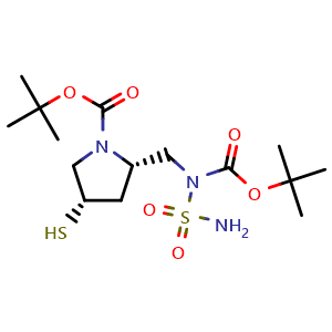 Chemical structure of (2S,4S)-tert-butyl 2-((tert-butoxycarbonyl(sulfamoyl)amino)methyl)-4-mercaptopyrrolidine-1-carboxylate , CAS 148017-44-1, AChemBlock W168452