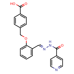 Chemical structure of (E)-4-((2-((2-isonicotinoylhydrazono)methyl)phenoxy)methyl)benzoic acid , CAS 354561-77-6, AChemBlock W168455
