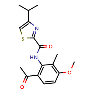 Chemical structure of N-(6-acetyl-3-methoxy-2-methylphenyl)-4-isopropylthiazole-2-carboxamide , CAS 923289-20-7, AChemBlock W168458