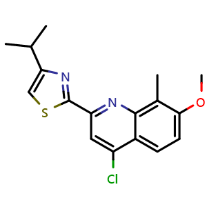 Chemical structure of 2-(4-Chloro-7-methoxy-8-methylquinolin-2-yl)-4-isopropylthiazole , CAS 1193272-59-1, AChemBlock W168459