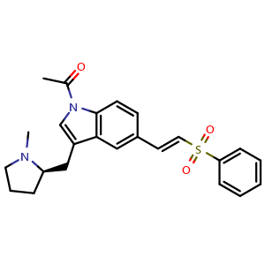 Chemical structure of 1-[3-[[(2R)-1-Methyl-2-pyrrolidinyl]methyl]-5-[(1E)-2-(phenylsulfonyl)ethenyl]-1H-indol-1-yl]ethanone , CAS 188113-71-5, AChemBlock W168485