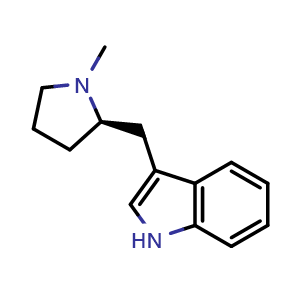 Chemical structure of (R)-3-((1-methylpyrrolidin-2-yl)methyl)-1H-indole , CAS 143322-55-8, AChemBlock W168486