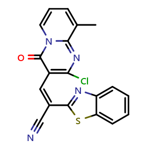 Chemical structure of (Z)-2-(benzo[d]thiazol-2-yl)-3-(2-chloro-9-methyl-4-oxo-4H-pyrido[1,2-a]pyrimidin-3-yl)acrylonitrile , CAS 1415565-90-0, AChemBlock W168501