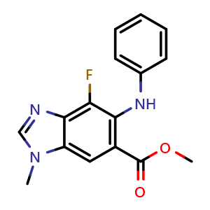 Chemical structure of Methyl 4-fluoro-1-methyl-5-(phenylamino)-1H-benzo[d]imidazole-6-carboxylate , CAS 1415564-48-5, AChemBlock W168503
