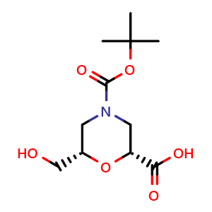 Chemical structure of (2R,6S)-4-(tert-Butoxycarbonyl)-6-(hydroxymethyl)morpholine-2-carboxylic acid , CAS 1581750-77-7, AChemBlock W168516