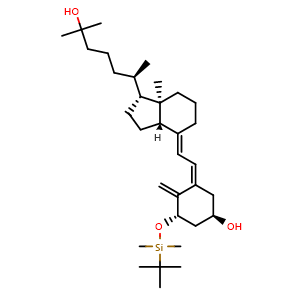 Chemical structure of (1R,3S,Z)-3-(tert-butyldimethylsilyloxy)-5-((E)-2-((1R,3aS,7aR)-1-((R)-6-hydroxy-6-methylheptan-2-yl)-7a-methyldihydro-1H-inden-4(2H,5H,6H,7H,7aH)-ylidene)ethylidene)-4-methylenecyclohexanol , CAS 98728-26-8, AChemBlock W168526