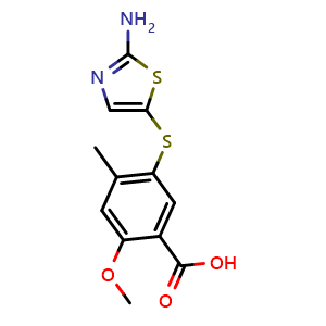 Chemical structure of 5-(2-Aminothiazol-5-ylthio)-2-methoxy-4-methylbenzoic acid , CAS 439578-97-9, AChemBlock W168530
