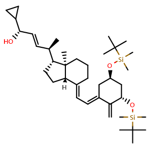Chemical structure of (1R,4R,E)-4-((1R,3aS,7aR,E)-4-((E)-2-((3S,5R)-3,5-bis(tert-butyldimethylsilyloxy)-2-methylenecyclohexylidene)ethylidene)-7a-methyloctahydro-1H-inden-1-yl)-1-cyclopropylpent-2-en-1-ol , CAS 910133-34-5, AChemBlock W168532