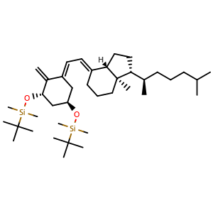 Chemical structure of ((1R,3S,E)-5-((E)-2-((1R,3aS,7aR)-7a-methyl-1-((R)-6-methylheptan-2-yl)dihydro-1H-inden-4(2H,5H,6H,7H,7aH)-ylidene)ethylidene)-4-methylenecyclohexane-1,3-diyl)bis(oxy)bis(tert-butyldimethylsilane) , CAS 112670-85-6, AChemBlock W168544