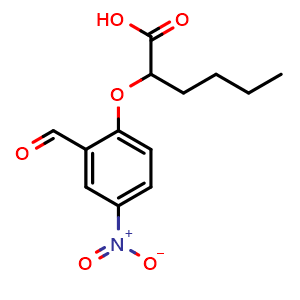 Chemical structure of 2-(2-Formyl-4-nitrophenoxy)hexanoic acid , CAS 335153-21-4, AChemBlock W168545